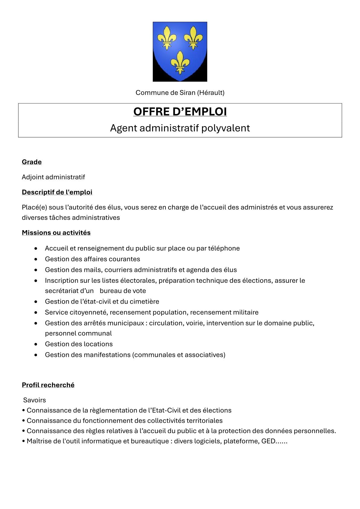 publication Poste à pouvoir agent administratif-1